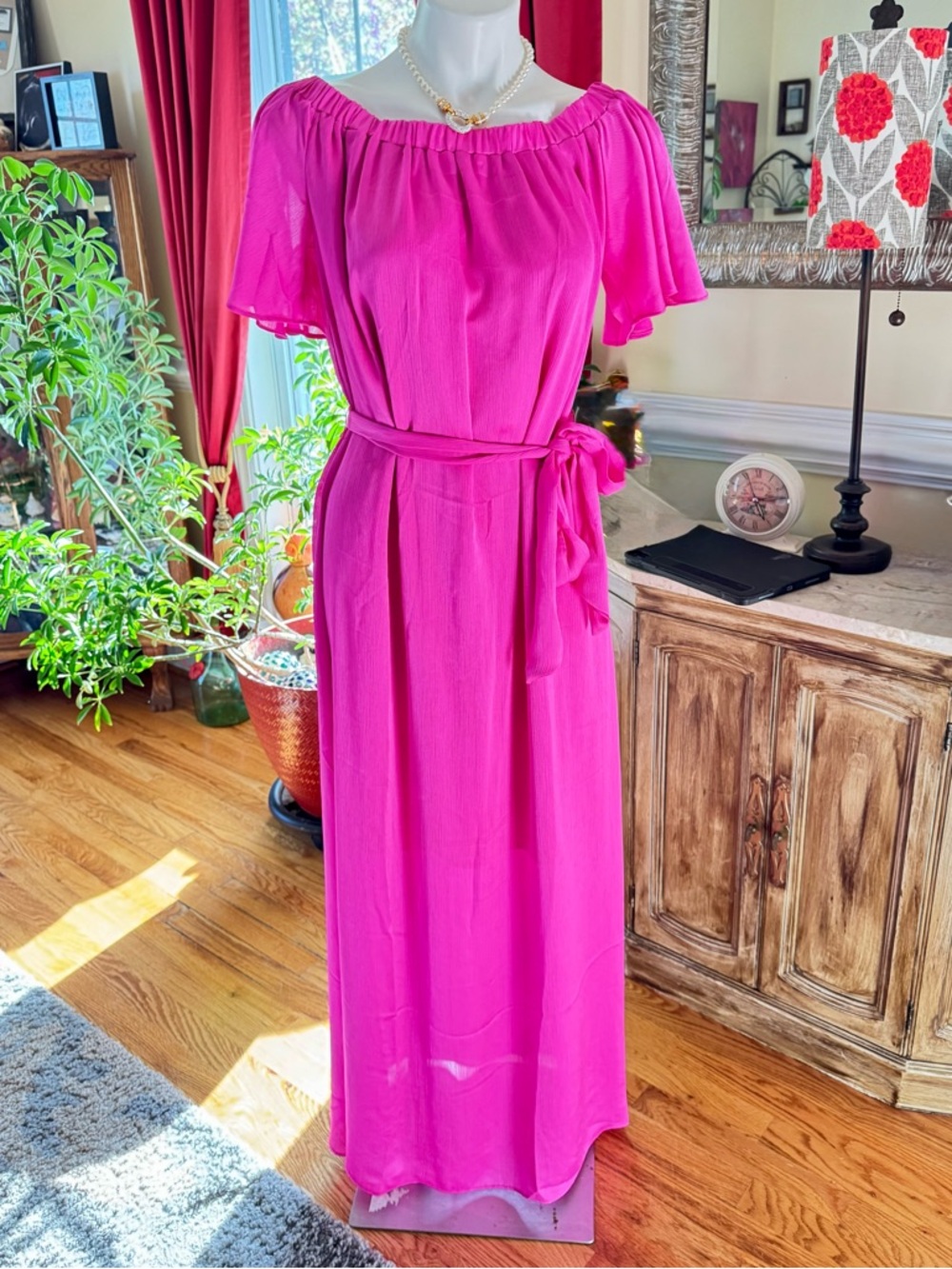 NWT Trina Turk Georgette Off The Shoulder Pink Chiffon Maxi Dress
